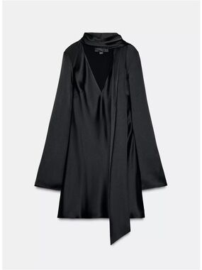 Zara Black Satin Mini Dress with Neck Tie